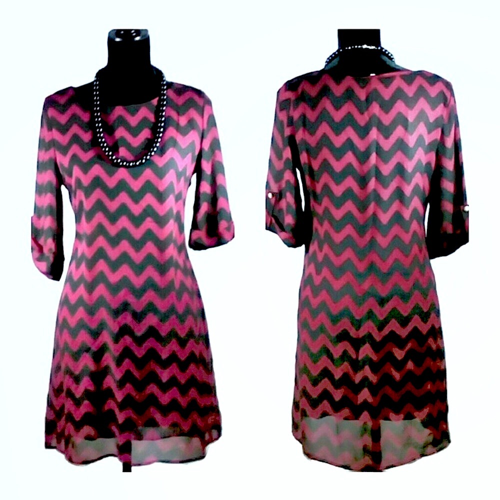 Rachel Kate Burgundy Chiffon Chevron Midi Dress Nautical 3/4 Tab Sleeve Zig Zag